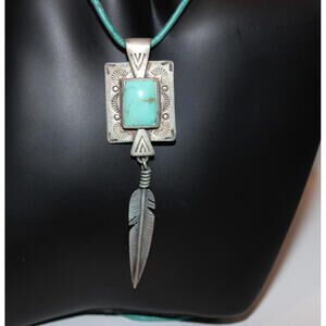 Vintage Sterling Silver Turquoise Feather Pendant Necklace 36” Cord Southwest